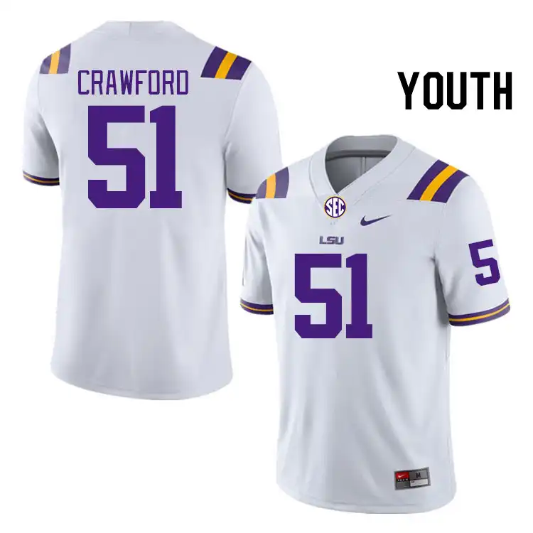 Youth LSU Tigers Thomas Crawford #51 White NCAA Football Jersey